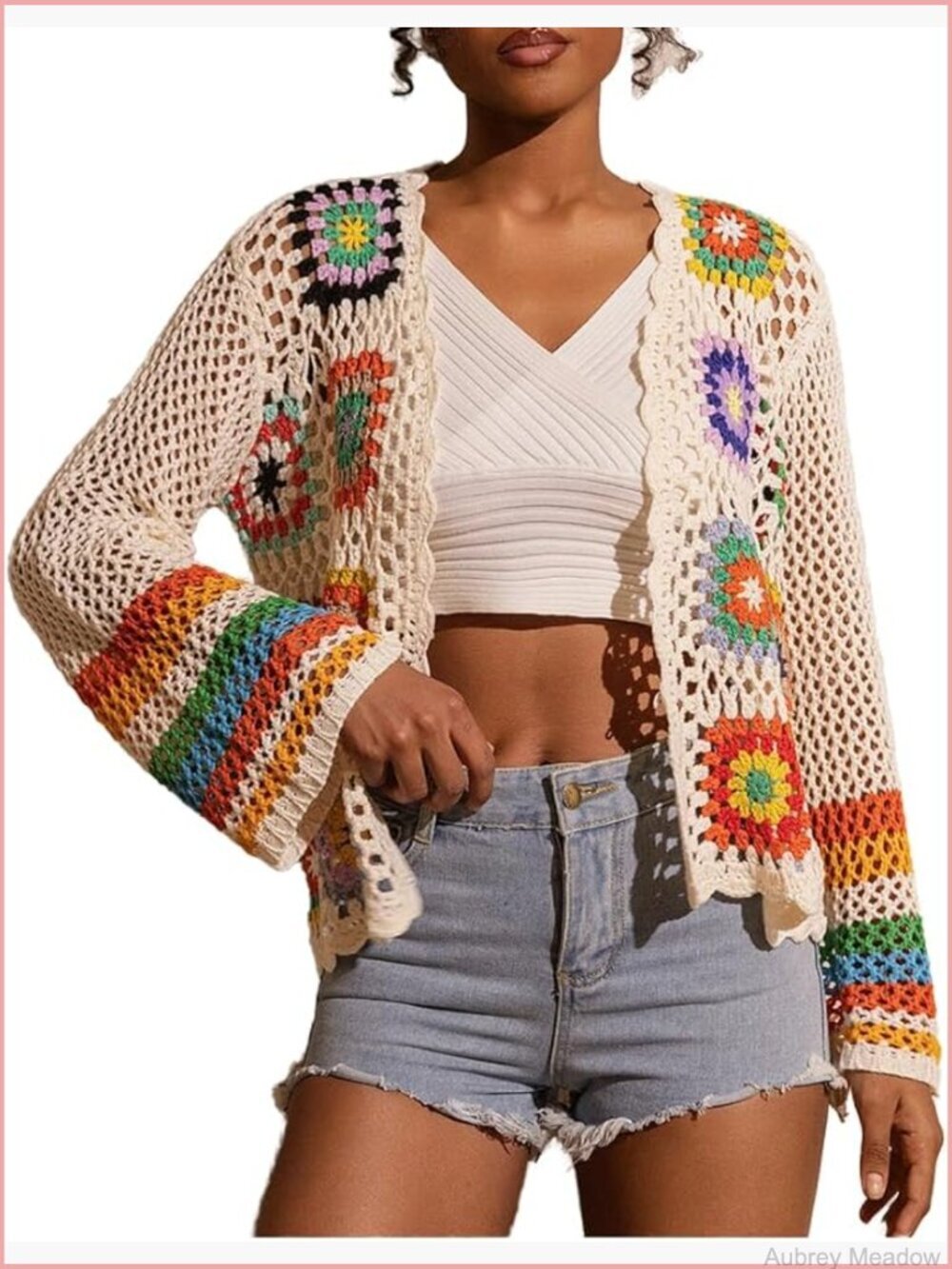 Boho Crochet Cardigan Floral Granny Square Open Front Knit Kimono